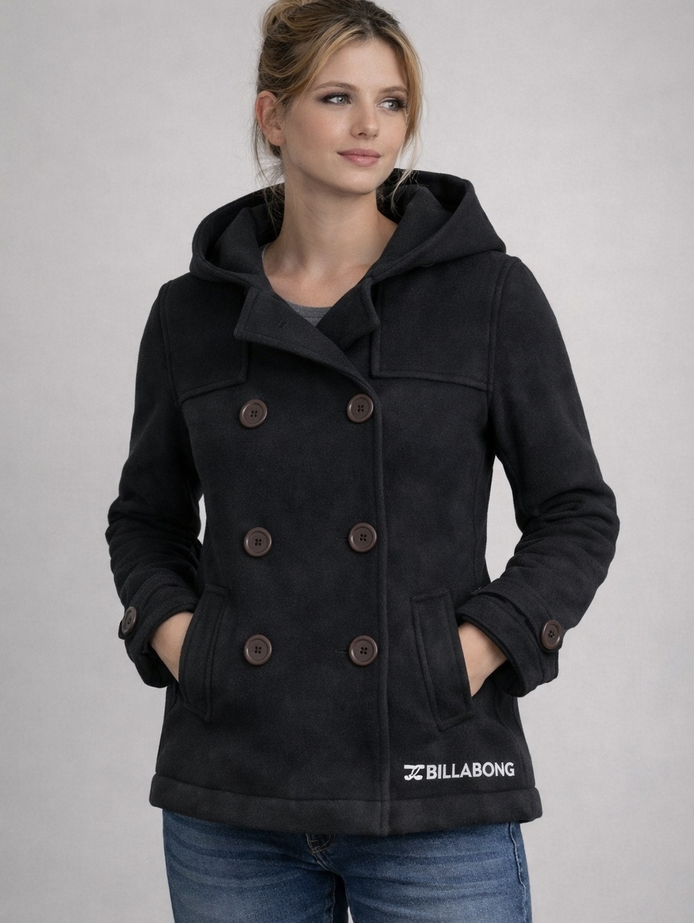 Billabong Jacket Womens Small Black Button Hooded Cotton Blend Warm Spring Fall